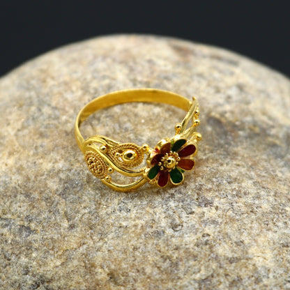 22KT yellow gold handmade flower design ring with intricate filigree work, unisex band from Rajasthan, India.