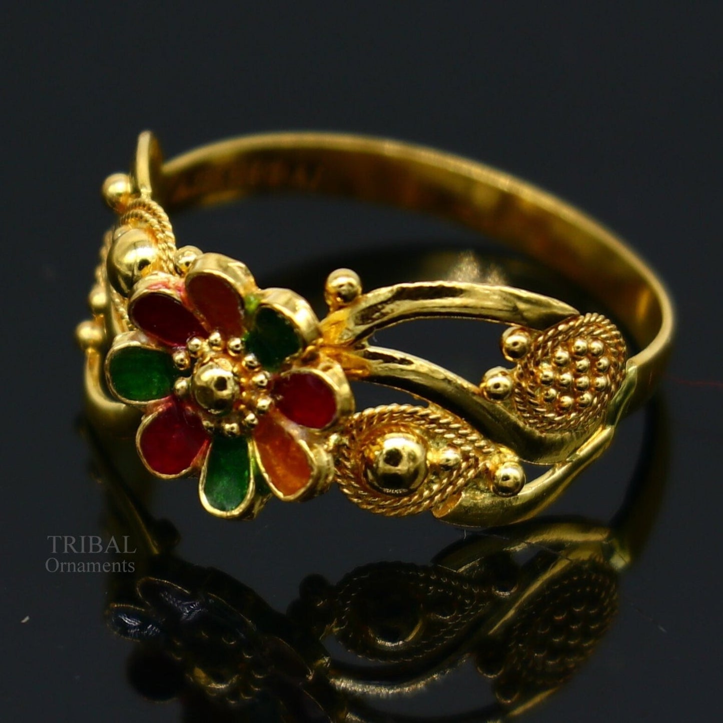 22kt karat yellow gold handmade flower design ring fabulous filigree work band unisex ring from Rajasthan India ring37 - TRIBAL ORNAMENTS