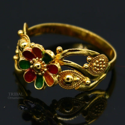 22KT yellow gold handmade flower design ring with filigree work, unisex band from Rajasthan, India, by TRIBAL ORNAMENTS.