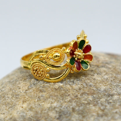 22KT yellow gold handmade flower design ring with filigree work, unisex band from Rajasthan by TRIBAL ORNAMENTS.