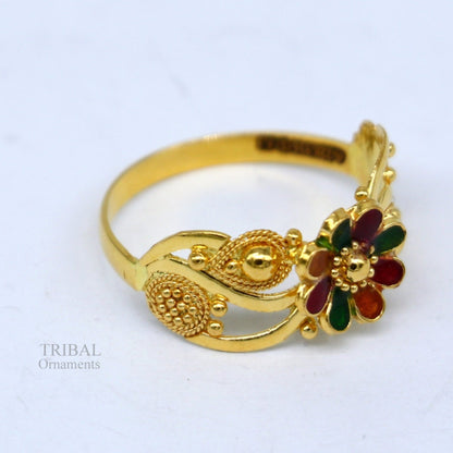 22KT yellow gold handmade flower design ring with intricate filigree work, unisex band from Rajasthan by TRIBAL ORNAMENTS.