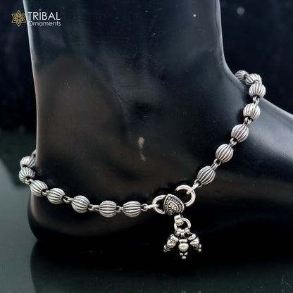 Sterling silver beaded anklet bracelet with 5mm ball chain, lightweight jewelry by Tribal Ornaments, featuring intricate beaded design.