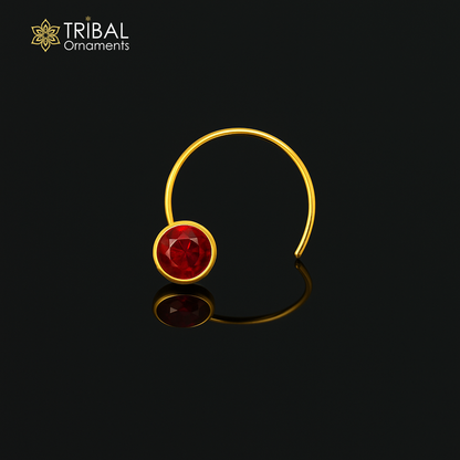18kt yellow gold handmade CZ stone nose pin with U band and 4mm colorful stone, small nose plug, crafted by Tribal Ornaments.