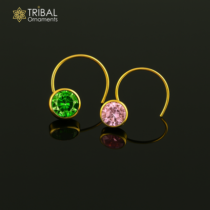 18kt yellow gold handmade CZ stone nose pin with U band, 4mm colorful tiny nose plug, tribal ornaments jewelry.