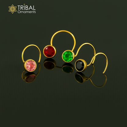 18kt yellow gold handmade nose pin with colorful 4mm CZ stone, U band design, small size, perfect for girls by TRIBAL ORNAMENTS.