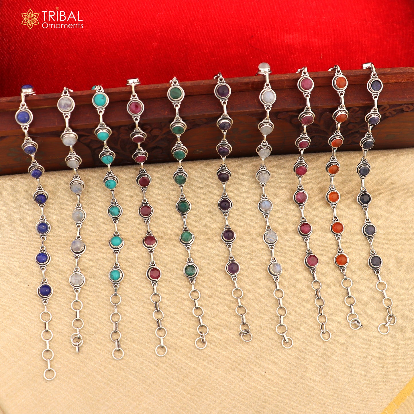 925 sterling silver multi color stone unisex stone bracelet sbr773 - TRIBAL ORNAMENTS