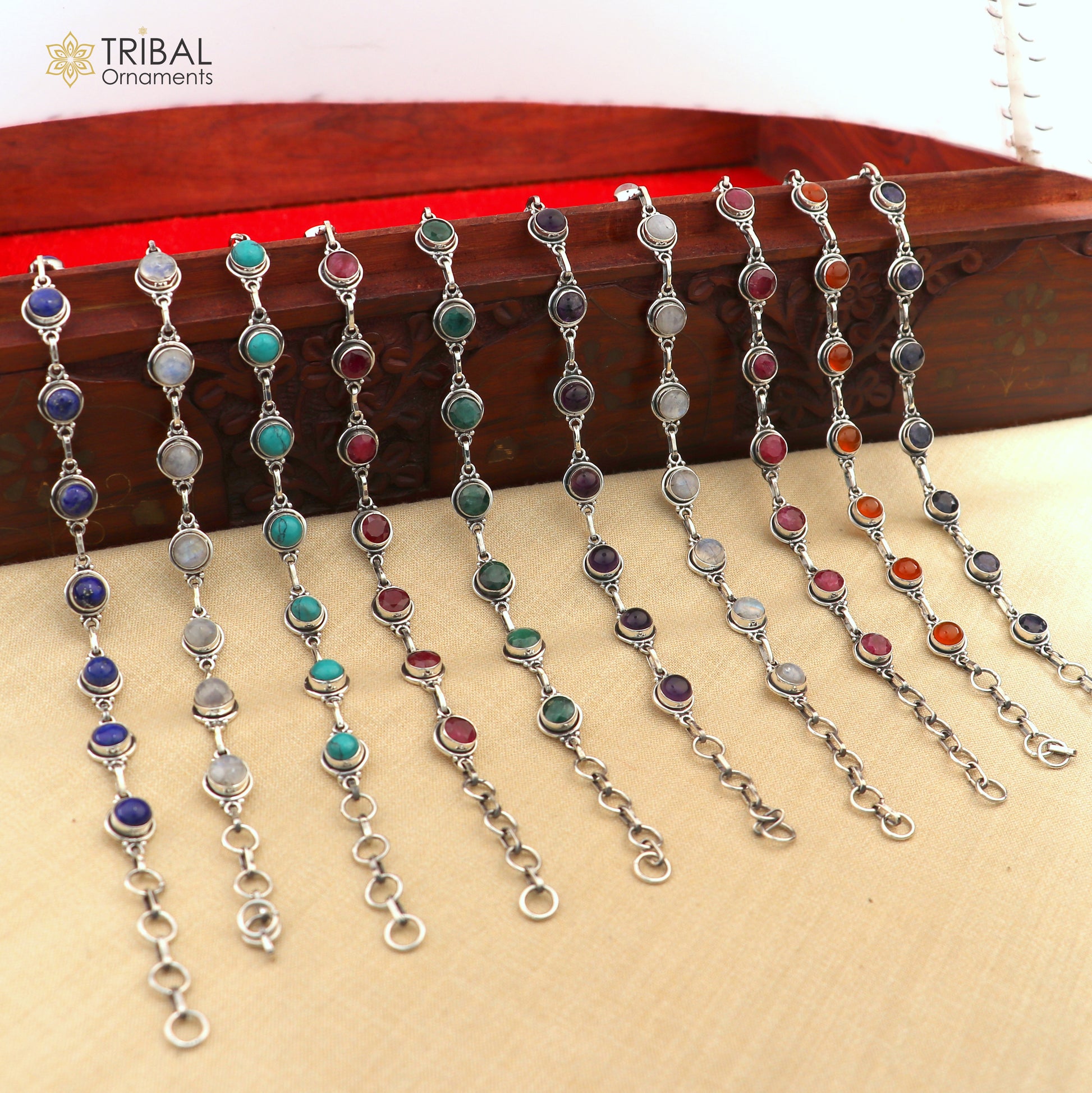 925 sterling silver multi color stone unisex stone bracelet sbr773 - TRIBAL ORNAMENTS