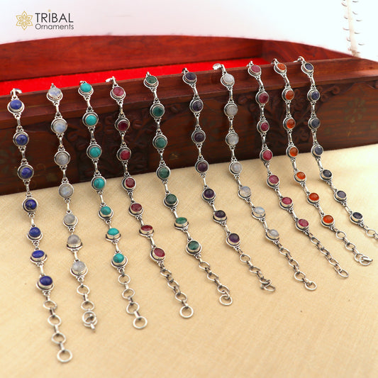 925 sterling silver multi color stone unisex stone bracelet sbr773 - TRIBAL ORNAMENTS