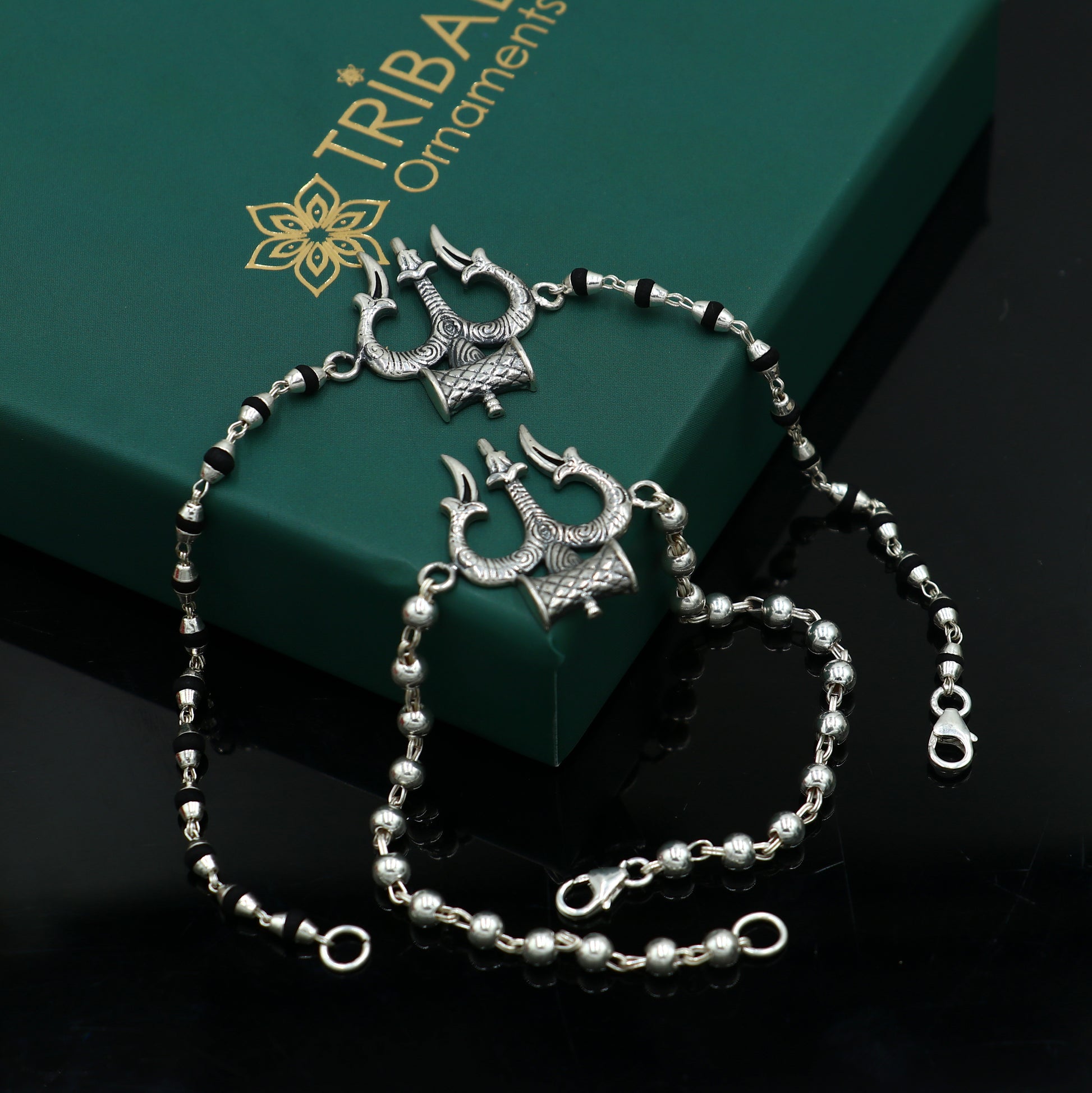 925 sterling silver Trishul bracelet with black tulsi beads, unisex design, tribal ornaments, 7.5 inches, traditional Rakhi style