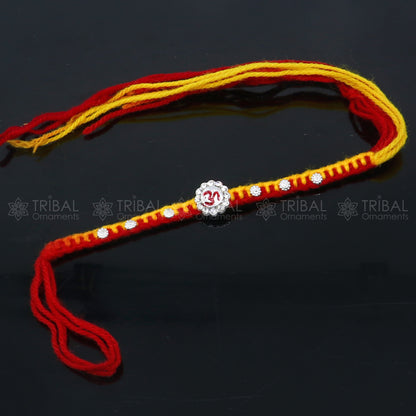 925 sterling silver Om design thread rakhi bracelet with pendant, tribal ornaments style, perfect for Rakshabandhan festival.