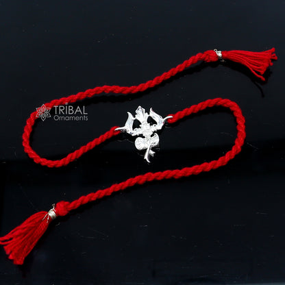 925 sterling silver Trishul bracelet with trident design, featuring thread rakhi style, by TRIBAL ORNAMENTS for Rakshabandhan festival.