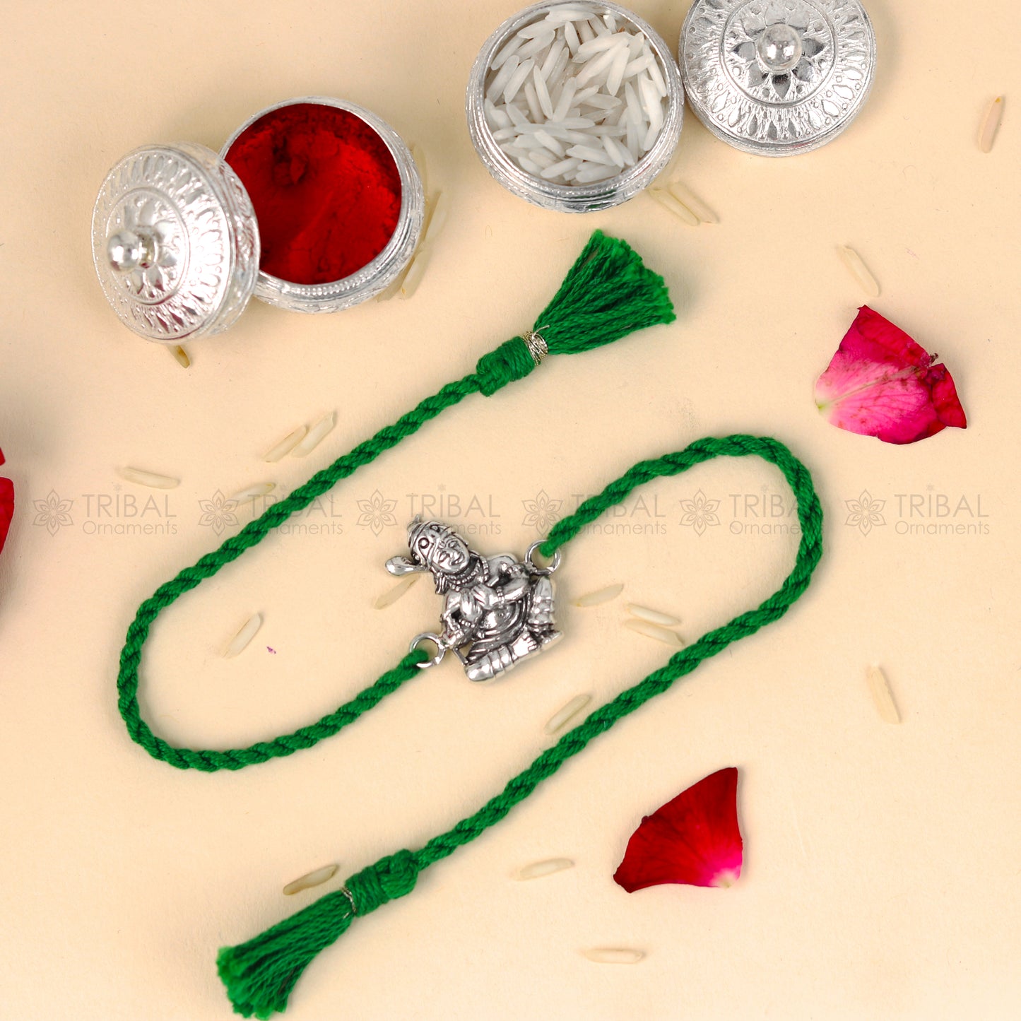 925 Sterling silver Bal Krishna thread bracelet with red thread and intricate design by TRIBAL ORNAMENTS