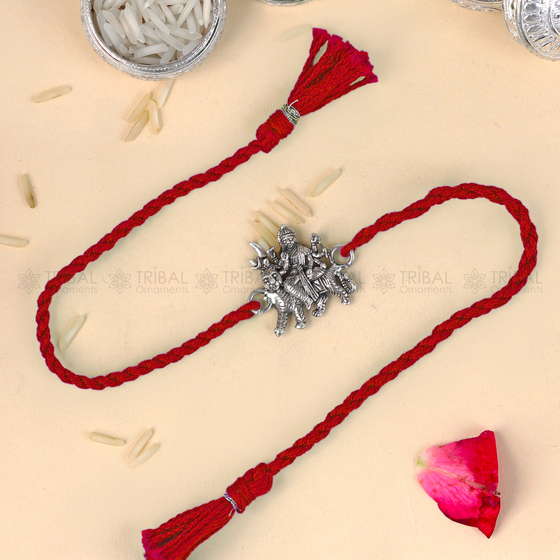 925 Sterling silver Lord Bhawani Maa thread bracelet with red thread and intricate pendant design by TRIBAL ORNAMENTS.