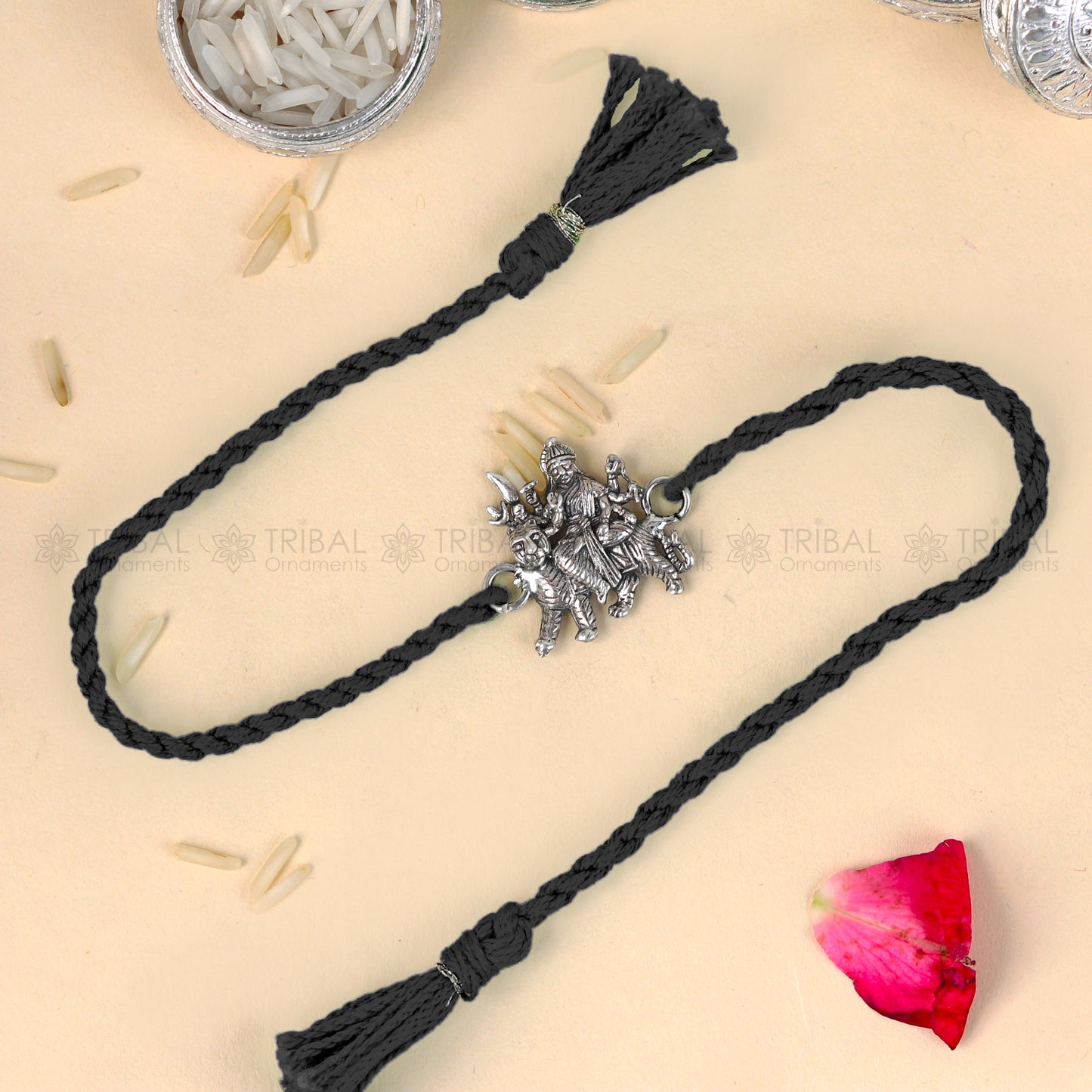 925 Sterling silver Lord Bhawani Maa design thread bracelet with red thread and intricate pendant by TRIBAL ORNAMENTS.