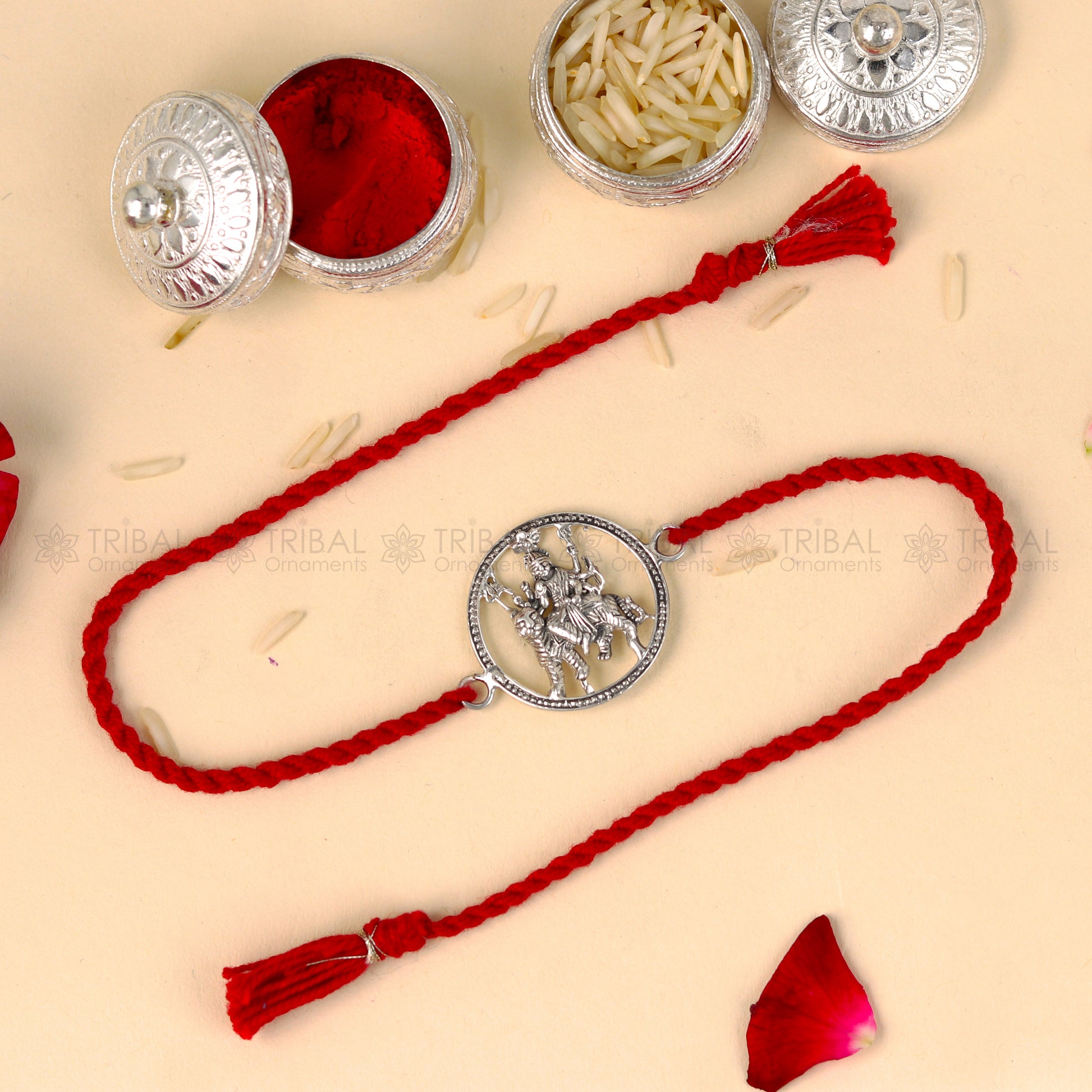 925 Sterling silver Lord Bhawani Maa Duga Maa thread bracelet with red thread and intricate pendant design by TRIBAL ORNAMENTS