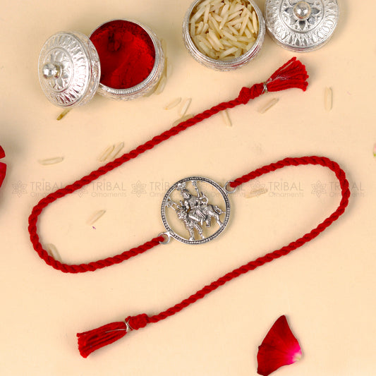 925 Sterling silver Lord Bhawani Maa Duga Maa pendant bracelet with red thread from TRIBAL ORNAMENTS, showcasing intricate religious design.