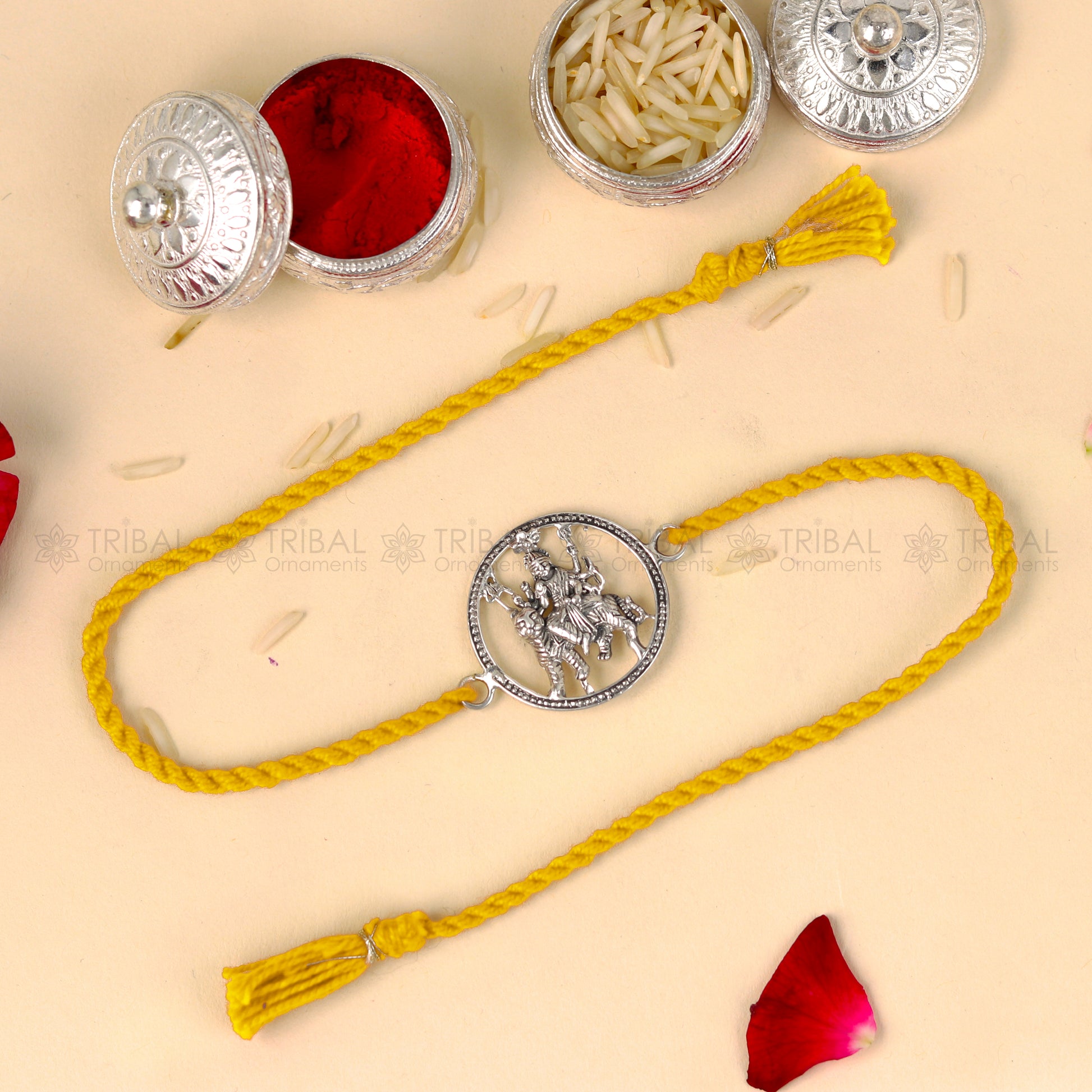 925 Sterling silver Lord Bhawani Maa Duga Maa design thread bracelet with red thread from TRIBAL ORNAMENTS.