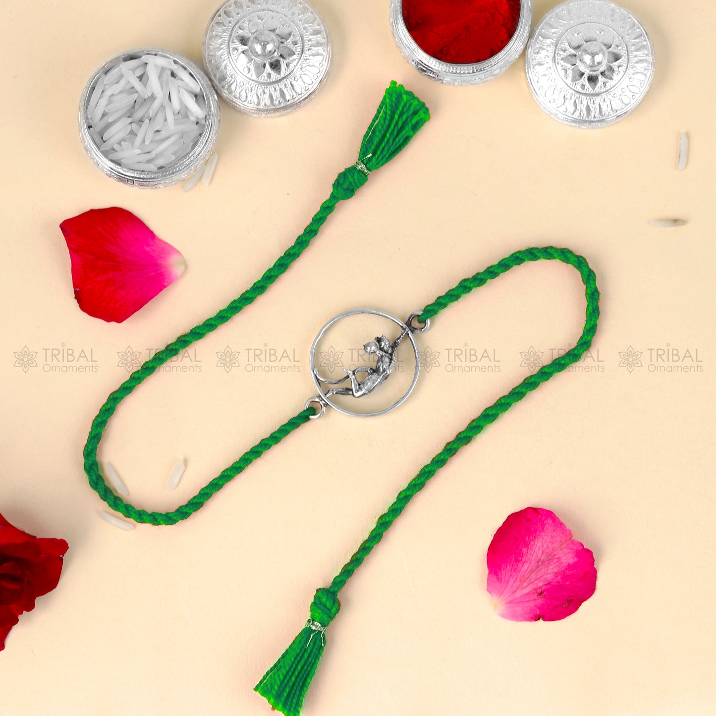 925 Sterling silver Lord Hanuman thread rakhi bracelet with red thread and intricate Hanuman pendant design by TRIBAL ORNAMENTS