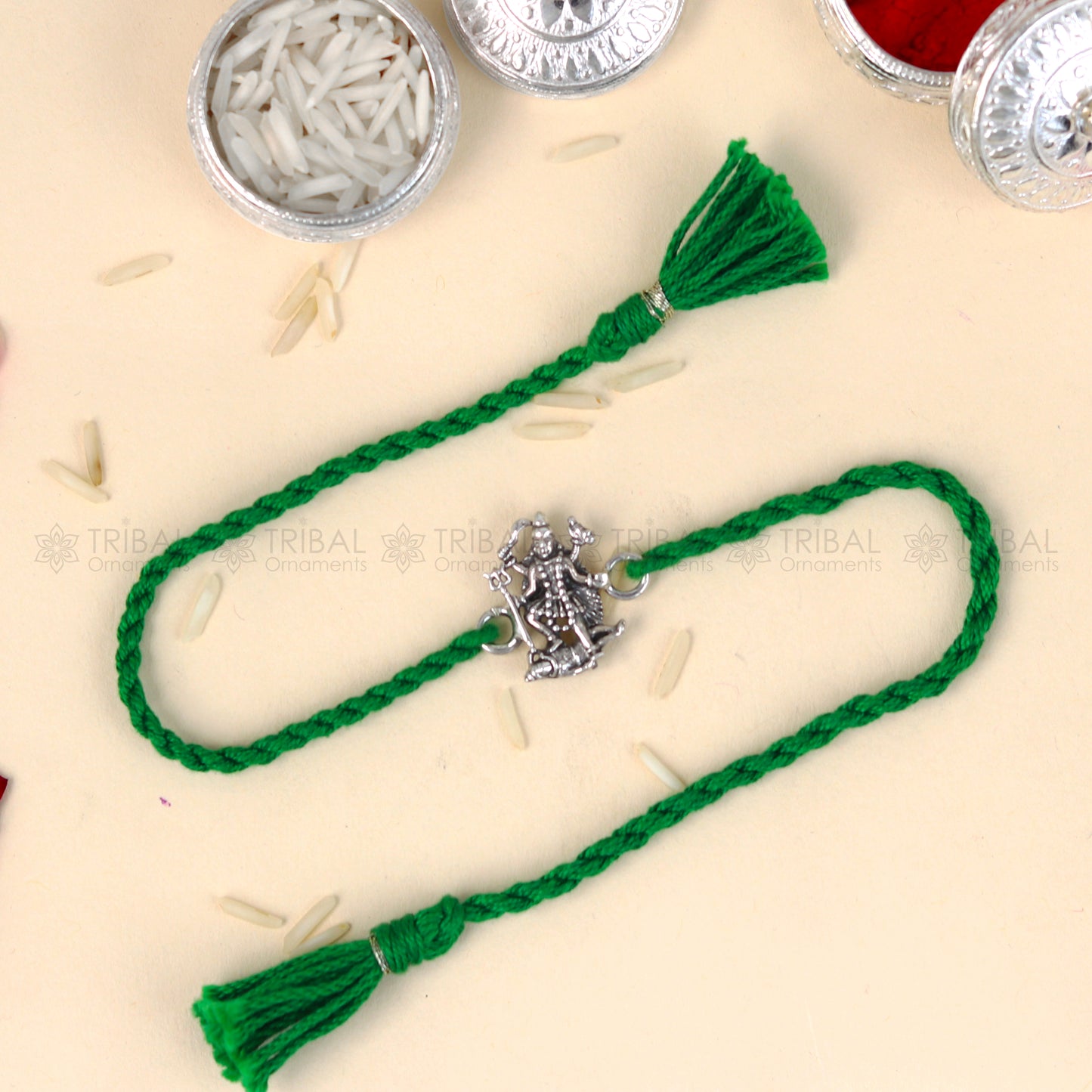 925 Sterling silver Lord Kali Maa with Shiv Ji design thread Rakhi bracelet by TRIBAL ORNAMENTS featuring red thread and intricate silver detailing