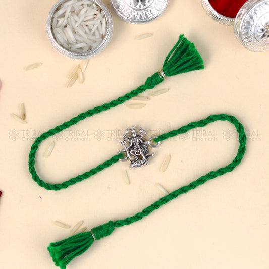 925 Sterling silver Lord Kali Maa with Shiv Ji design thread Rakhi bracelet by TRIBAL ORNAMENTS featuring red thread and intricate silver detailing