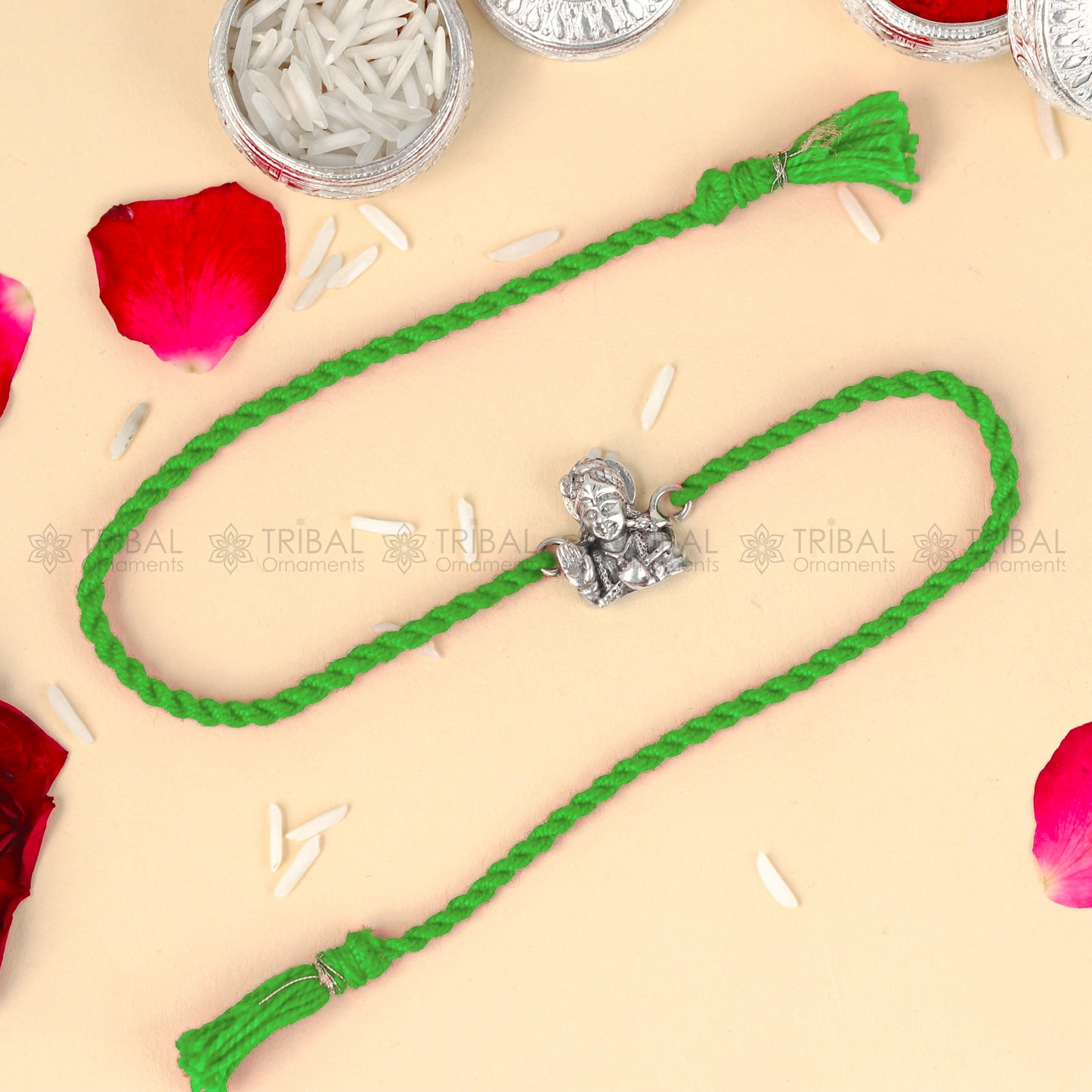 925 Sterling silver Lord Krishna design thread rakhi bracelet with red thread, featuring intricate Krishna pendant by TRIBAL ORNAMENTS