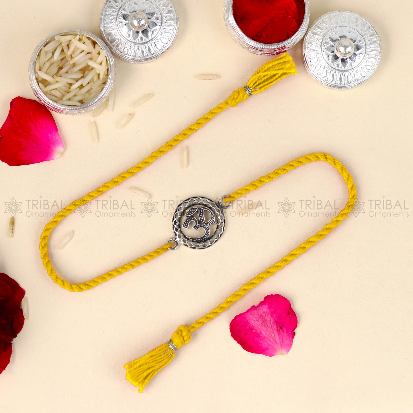 Sterling silver Lord Om Shiv mantra bracelet with red thread and pendant design, crafted by TRIBAL ORNAMENTS.