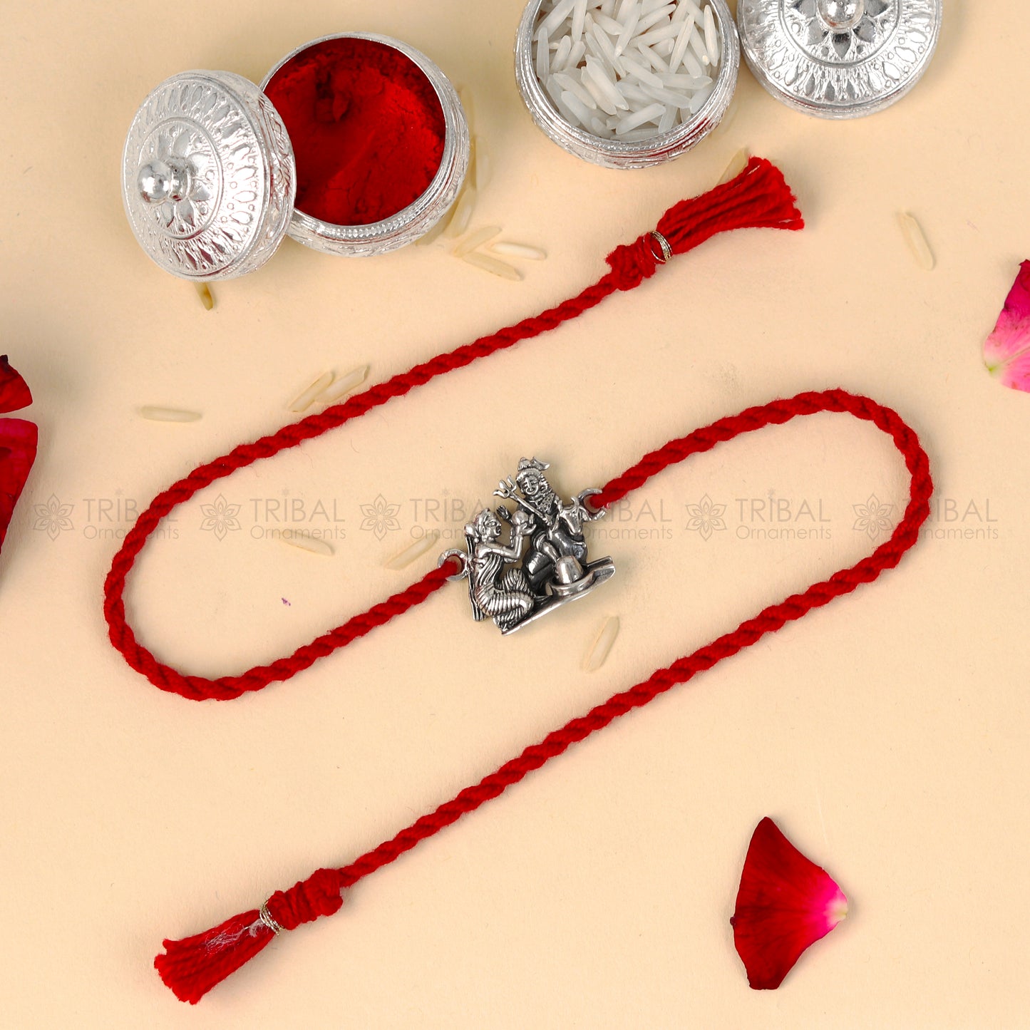 925 Sterling silver Lord Parwati and Nandi Maharaj Shiva Lingam design thread bracelet with red thread from TRIBAL ORNAMENTS.
