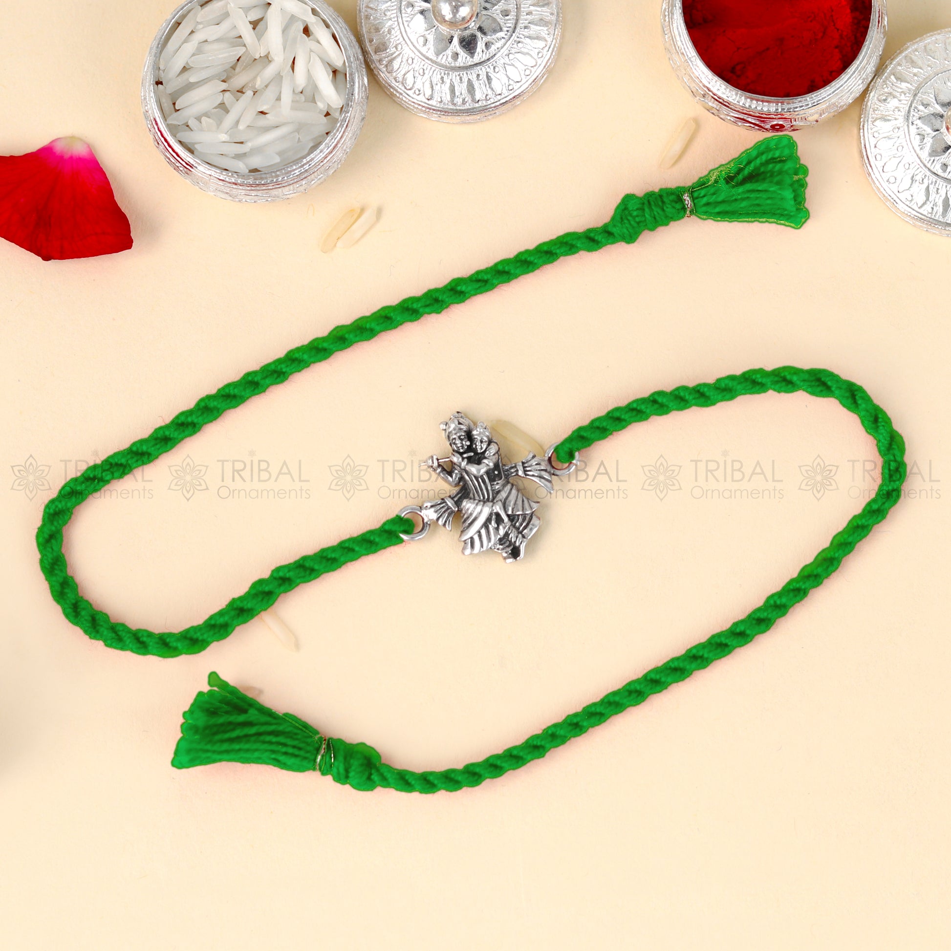 925 Sterling silver Lord Radhe Krishna design thread bracelet with red thread and intricate pendant by TRIBAL ORNAMENTS