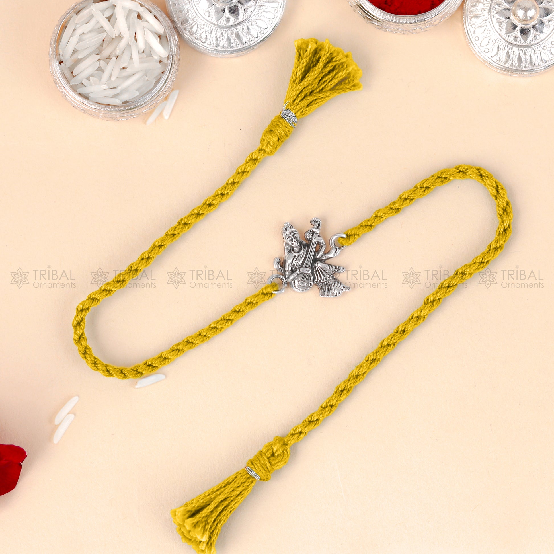 925 Sterling silver Lord Saraswati Maa thread rakhi bracelet with veena design by TRIBAL ORNAMENTS.