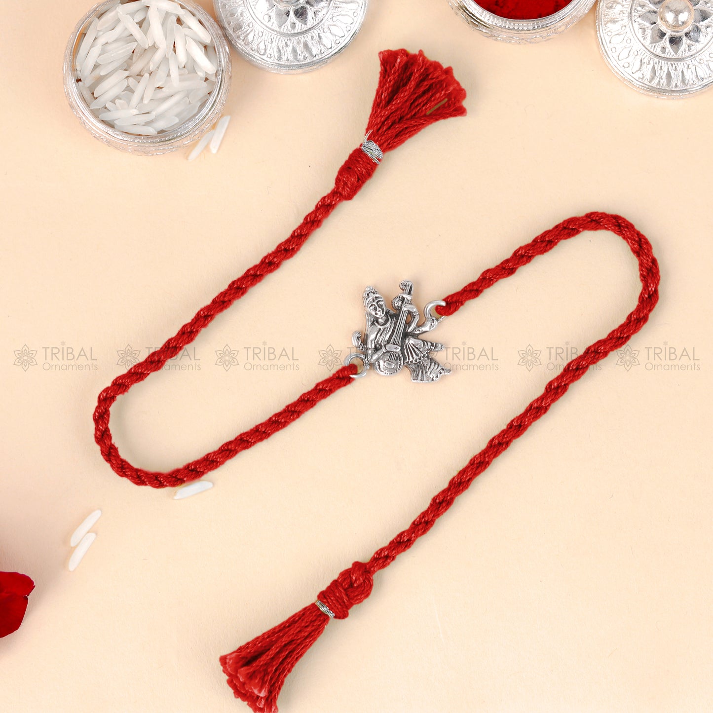 925 Sterling silver Lord Sarashwati Maa thread rakhi bracelet with veena design by TRIBAL ORNAMENTS.