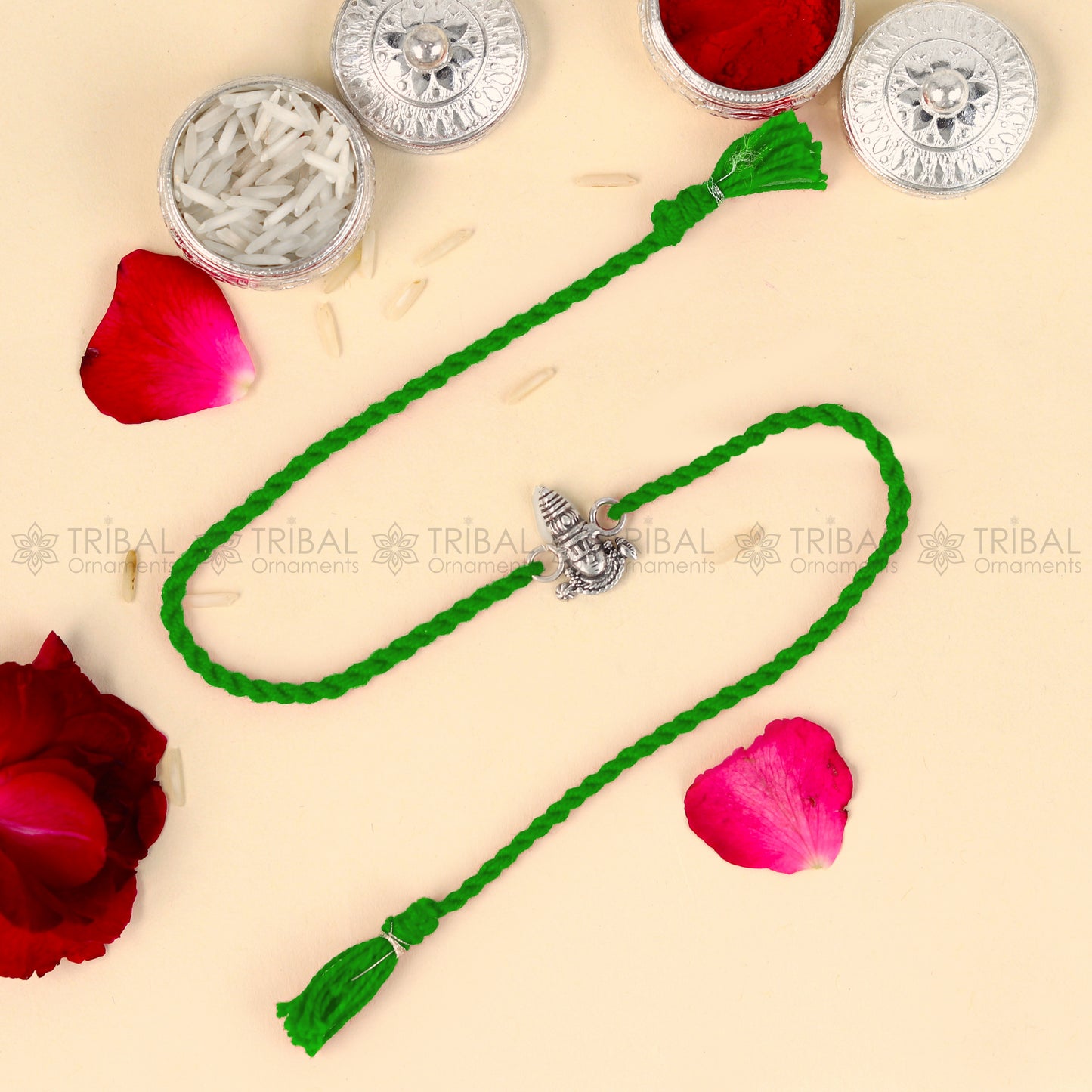 Sterling silver Lord Tirupati Bala Ji Venkateswara design thread bracelet with red thread from Tribal Ornaments.