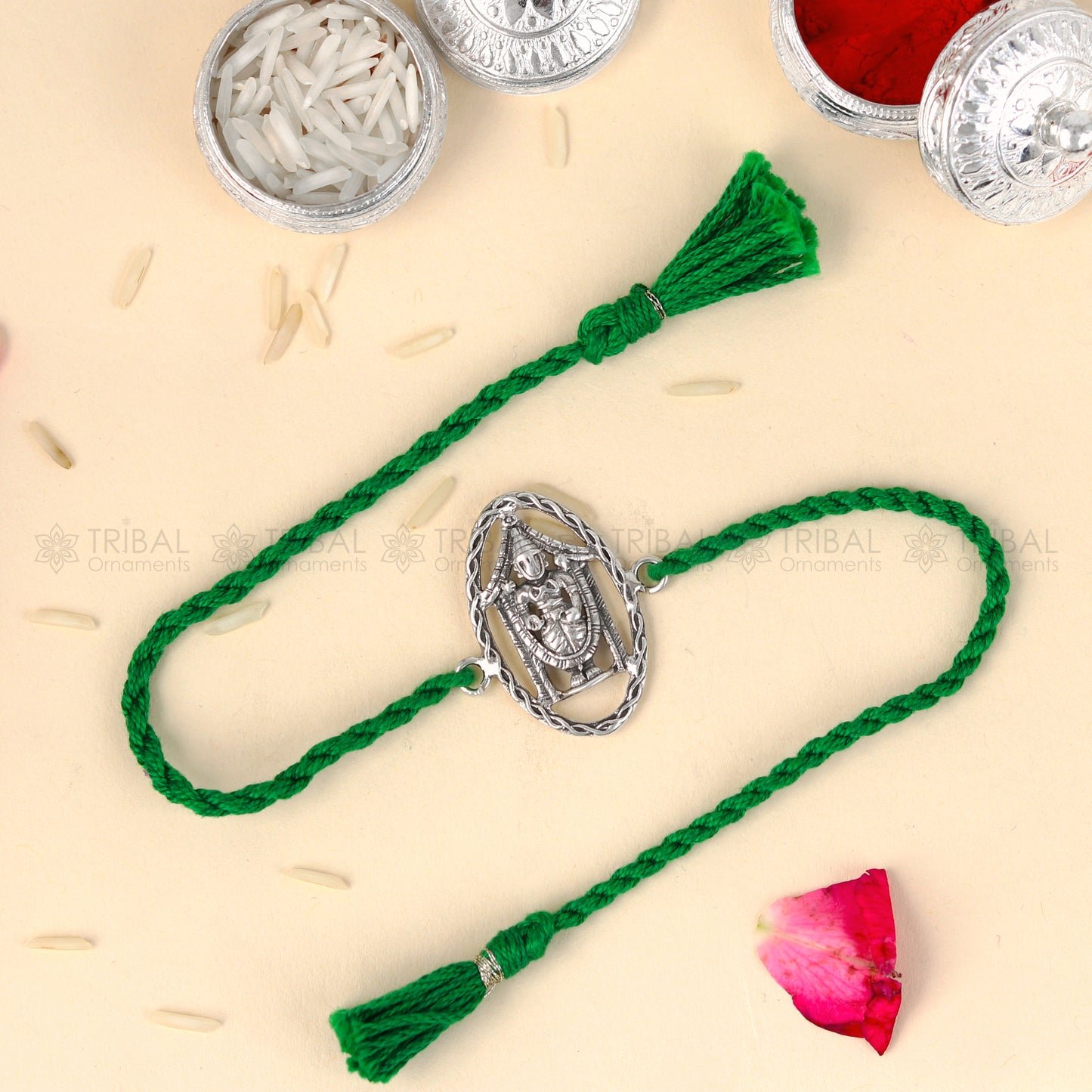 925 Sterling silver Lord Tirupati Venkateswara thread bracelet with red thread and Bala Ji pendant, crafted by TRIBAL ORNAMENTS.