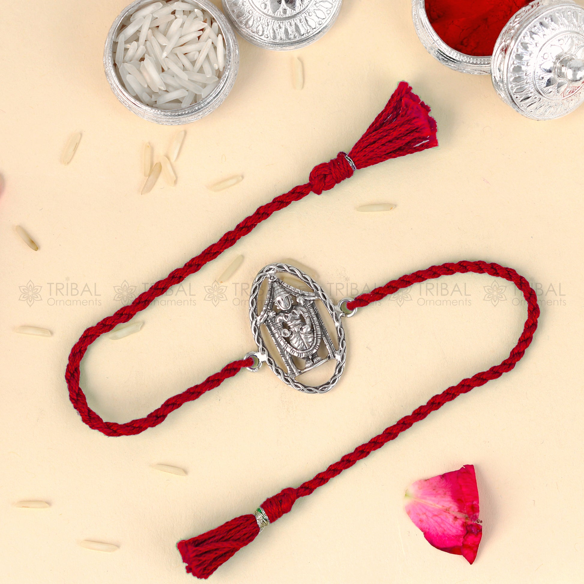 925 Sterling silver Lord Tirupati Bala Ji Venkateswara design thread bracelet with red thread from Tribal Ornaments.
