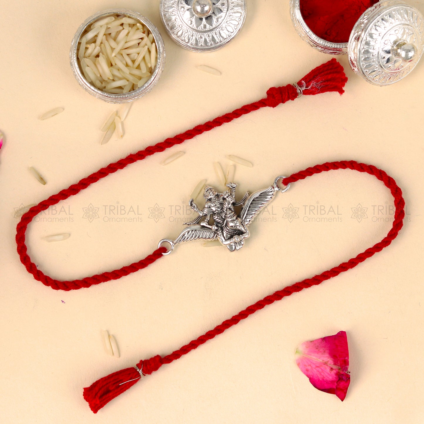 925 Sterling silver Lord Vishnu with Garuda design thread bracelet by Tribal Ornaments featuring red thread and detailed pendant.
