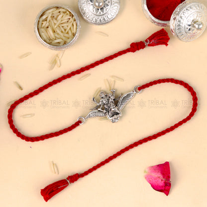 925 Sterling silver Lord Vishnu with Garuda design thread bracelet by Tribal Ornaments featuring red thread and detailed pendant.
