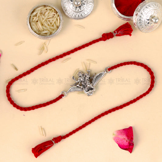 925 Sterling silver Lord Vishnu with Garuda design thread bracelet by Tribal Ornaments featuring red thread and detailed pendant.
