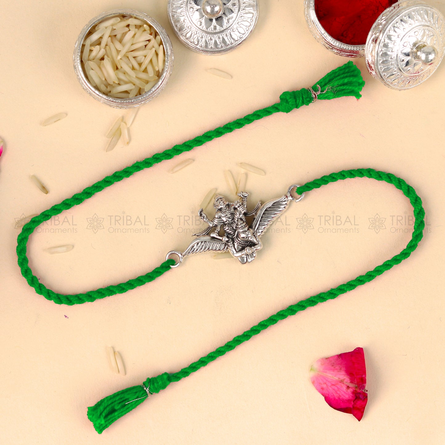 925 Sterling silver Lord Vishnu with Garuda design thread bracelet featuring red thread and intricate pendant from TRIBAL ORNAMENTS