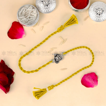 925 Sterling silver Lord Ganesha bracelet with red thread and pan design pendant, Tribal Ornaments jewelry bracelet for Rakhi.