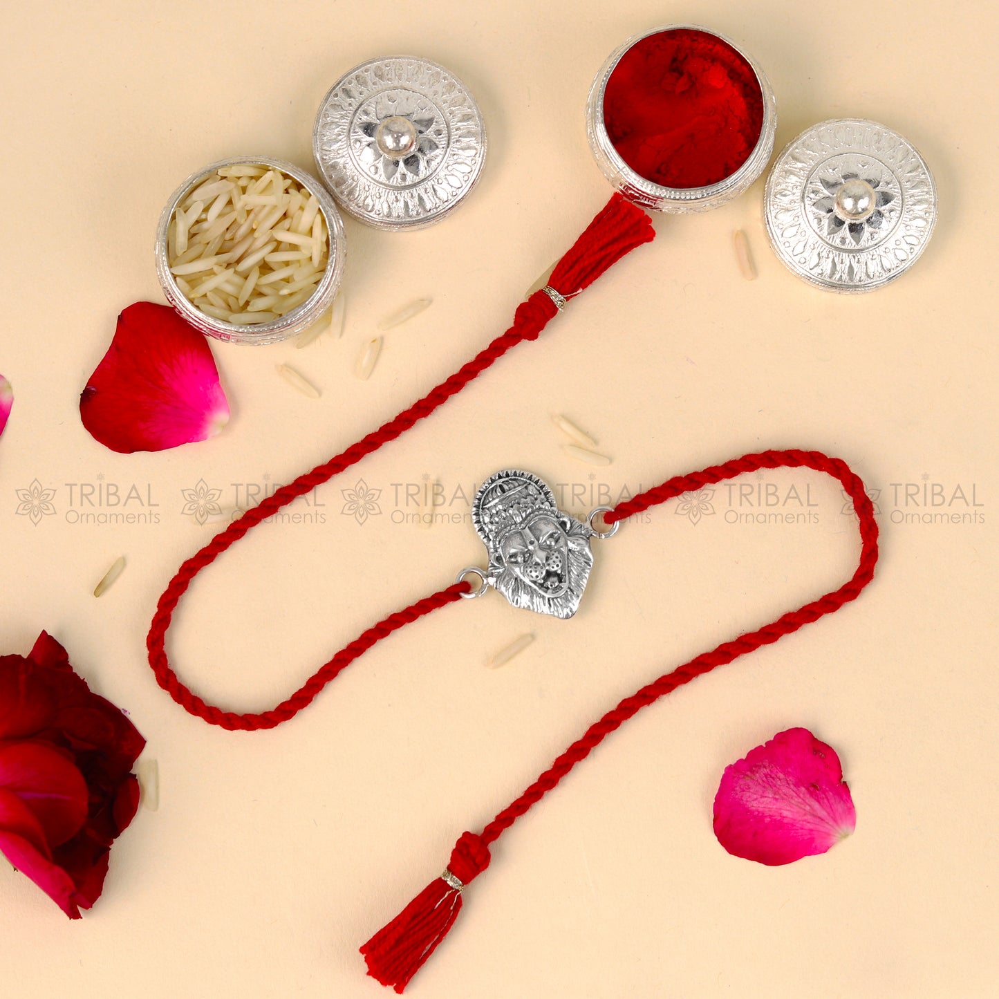 925 Sterling silver Narsimha design thread bracelet with red thread and pendant, crafted by TRIBAL ORNAMENTS.