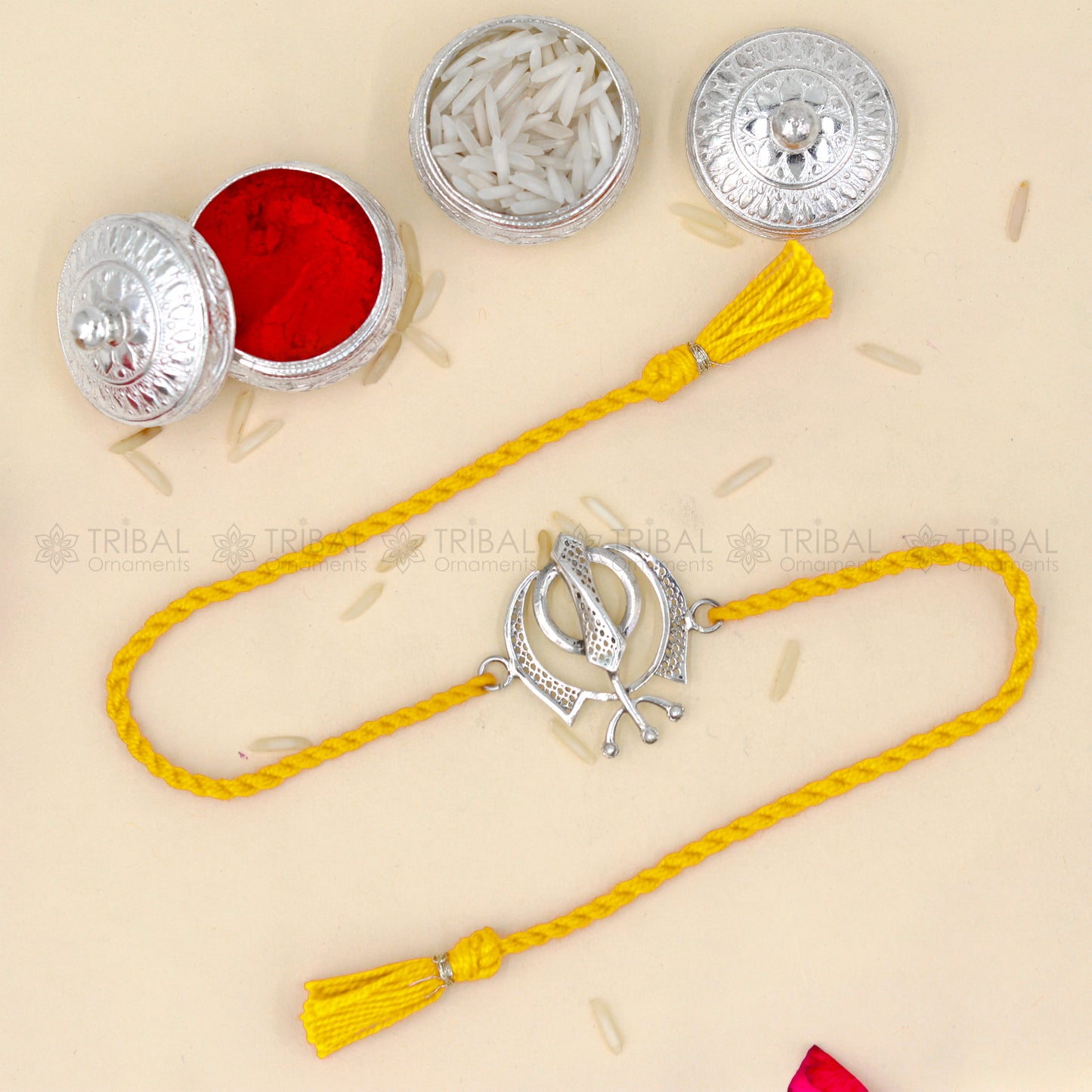 925 Sterling silver Khalsa design thread rakhi bracelet with red thread and Wahe Guru Ji pendant by TRIBAL ORNAMENTS