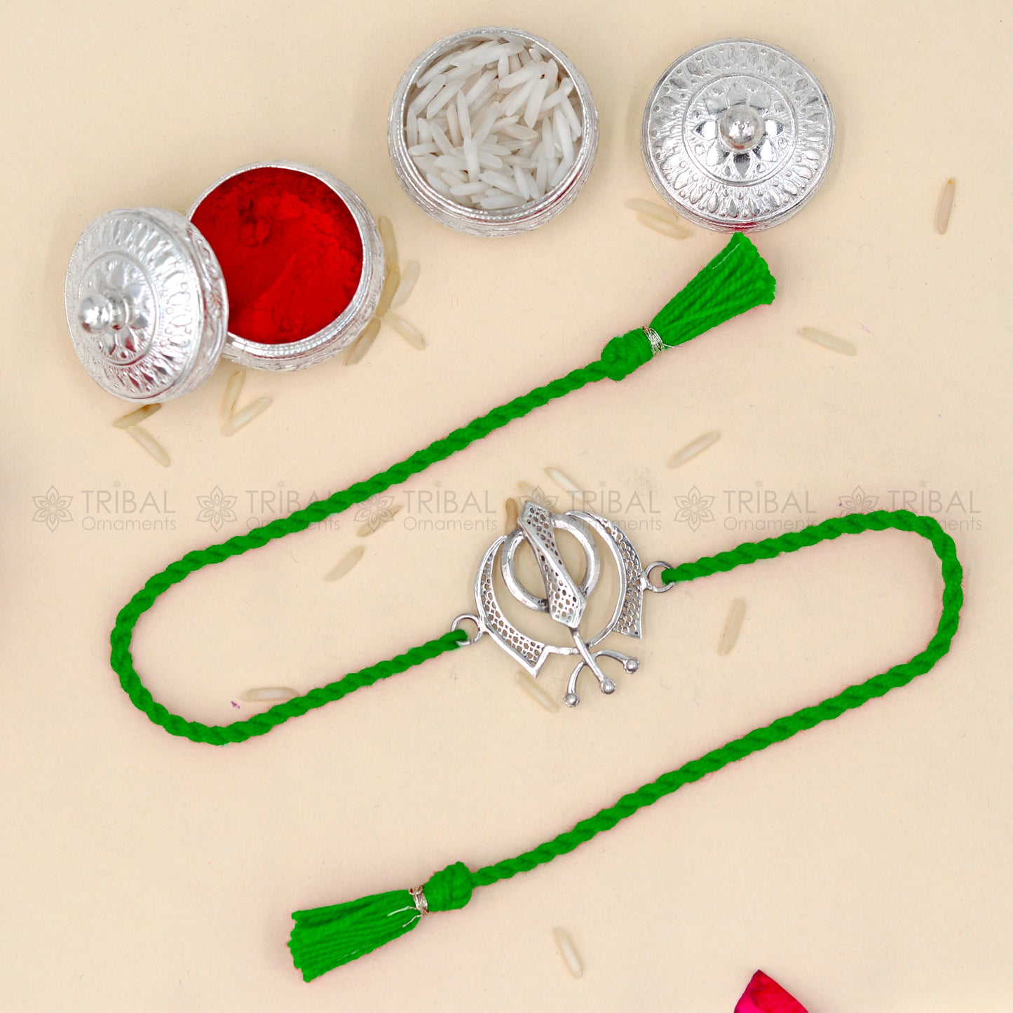 925 Sterling silver Khalsa design thread rakhi bracelet with red thread and Wahe Guru Ji pendant by TRIBAL ORNAMENTS.
