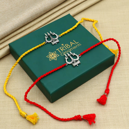 Sterling silver Trishul bracelet by TRIBAL ORNAMENTS featuring a trident design, perfect for Rakshabandhan celebrations.