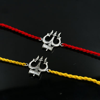 925 sterling silver Trishul bracelet with trident design and thread, ideal for Rakshabandhan festival, by Tribal Ornaments