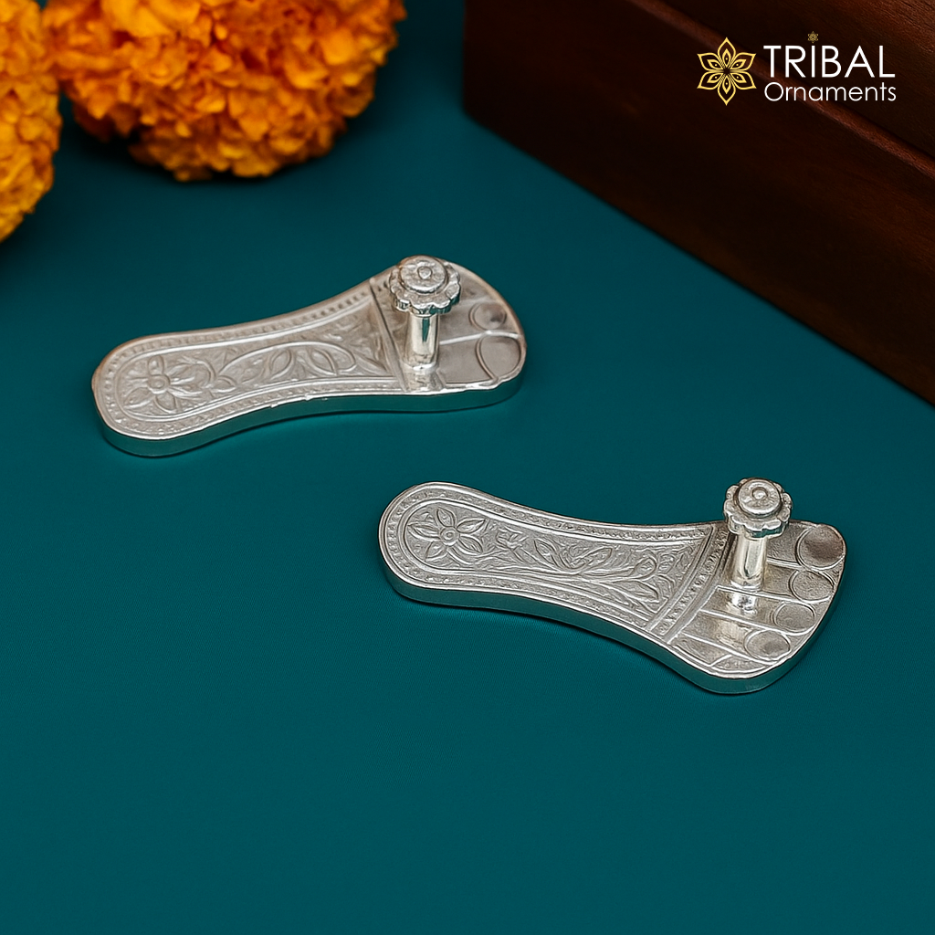 1.8" 925sterling silver handmade idols Charan paduka,slippers for idol krishna, laddu gopala, little krishna or Vshnu Narayana puja art su643 - TRIBAL ORNAMENTS