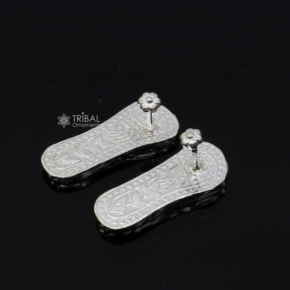 Sterling silver handmade Charan Paduka slippers for Krishna idols, ideal for Laddu Gopala, Little Krishna, or Vishnu Narayana puja.