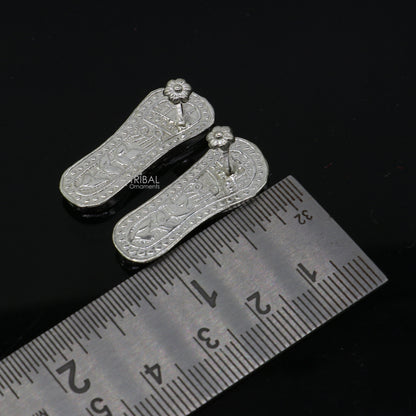 Sterling silver handmade Charan paduka slippers for Krishna idol, Laddu Gopala, or Vishnu Narayana puja art by Tribal Ornaments.