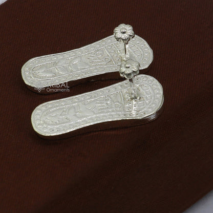 Sterling silver handmade Charan paduka slippers for idol Krishna, Laddu Gopala, or Vishnu Narayana puja art by Tribal Ornaments.