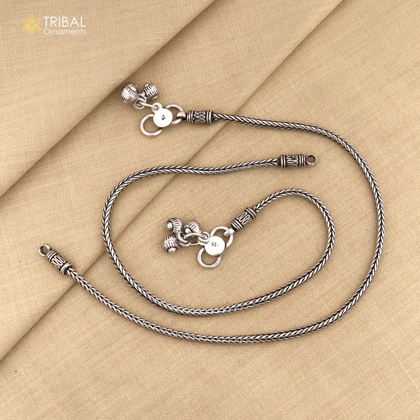 10.5" 925 solid silver handmade 2.5mm wheat chain ankle bracelet, vintage style charm anklets, tribal belly dance jewelry ank587 - TRIBAL ORNAMENTS