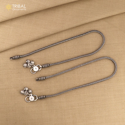 10.5-inch handmade 925 silver wheat chain ankle bracelet with vintage-style tribal charm, perfect for tribal belly dance jewelry.