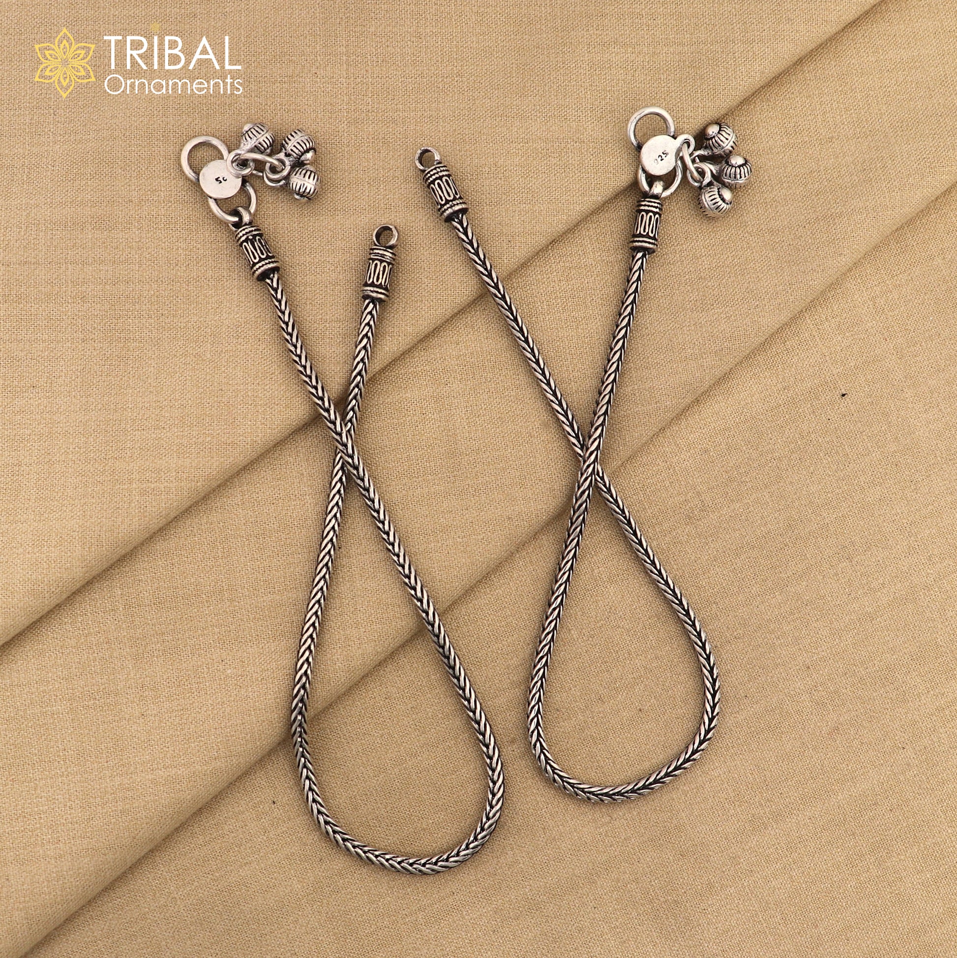 10.5" 925 solid silver handmade 2.5mm wheat chain ankle bracelet, vintage style charm anklets, tribal belly dance jewelry ank587 - TRIBAL ORNAMENTS